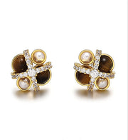 18K Gold Niche Maillard Style Earrings Temperament Brown Jewelry Set Tiger Eye Stone Freshwater Shell Pearl Zircon Necklace Women